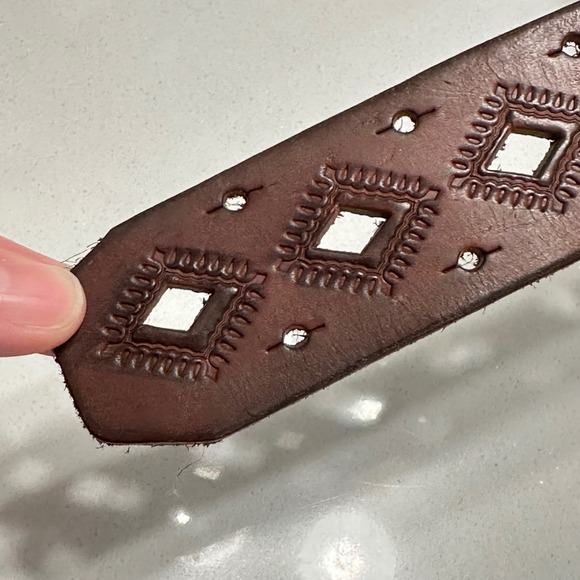 Fossil Brown Leather Belt Geometric Diamond Cutout Western Boho Brass Buckle S‎ main image 6